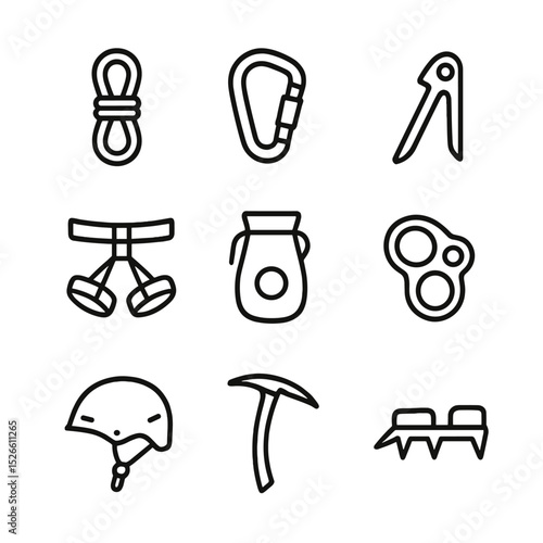 Mountain Climbing Icons. Outline icon set of mountain cliff climbing: climbing rope, carabiner, piton, harness, chalk bag, belay
