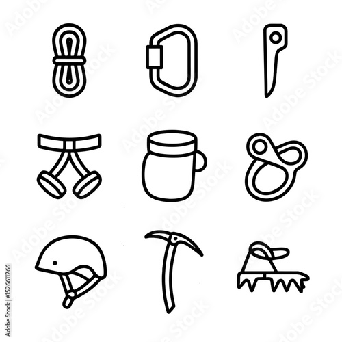Mountain Climbing Icons. Outline icon set of mountain cliff climbing: climbing rope, carabiner, piton, harness, chalk bag, belay