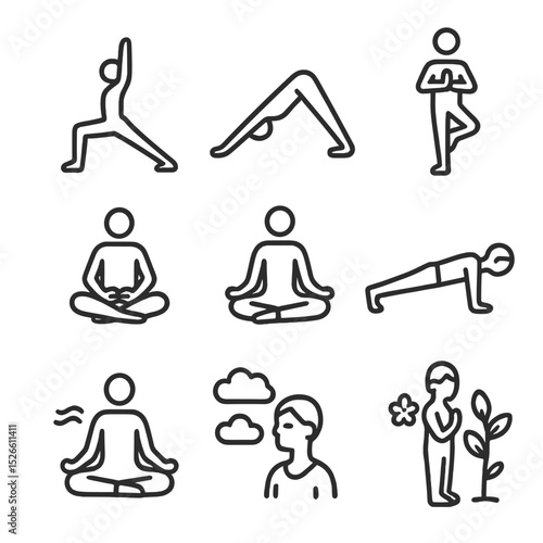 Nature Yoga Poses. Outline icon set of nature yoga poses: warrior, downward dog, tree pose, butterfly, lotus, plank, meditation,