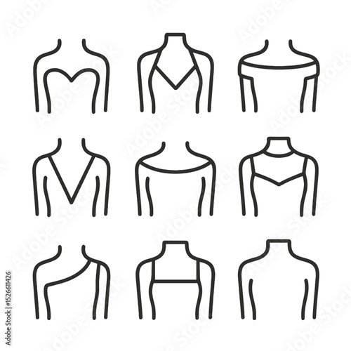 Neckline Style Icons. Outline icon set of neckline styles: sweetheart neckline, halter neck, off-shoulder, plunging V-neck, boat