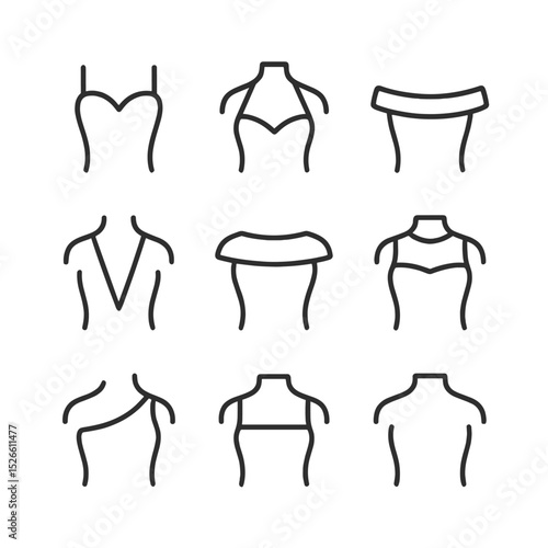 Neckline Style Icons. Outline icon set of neckline styles: sweetheart neckline, halter neck, off-shoulder, plunging V-neck, boat