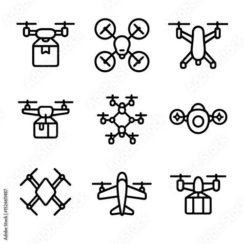 Next-Gen Drone Icons. Outline icon set of next-gen drones and UAVs: delivery drone, surveillance quadcopter, foldable drone, solar