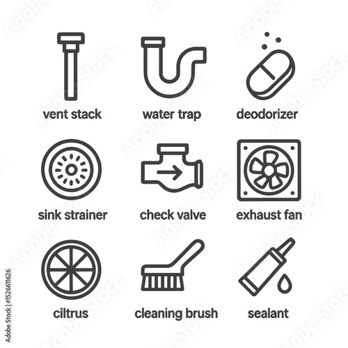 Odor Prevention Icons. Outline icon set of odor prevention: vent stack, water trap U-bend, deodorizer tablet, sink strainer, check