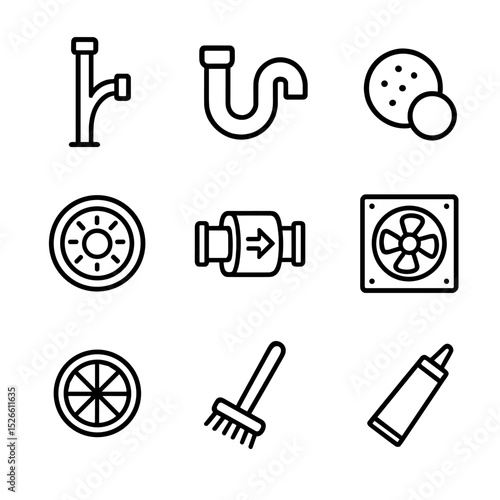 Odor Prevention Icons. Outline icon set of odor prevention: vent stack, water trap U-bend, deodorizer tablet, sink strainer, check