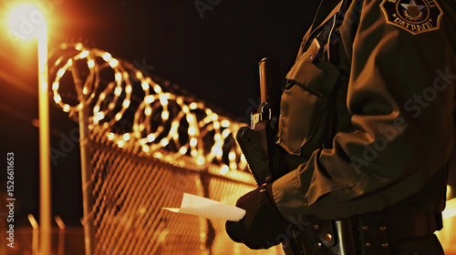 Stern uniformed border patrol officer inspecting documents at night checkpoint, security and immigration control concept for law enforcement and customs authority.