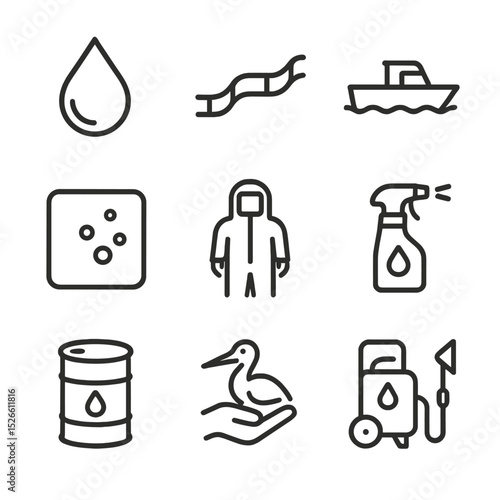 Oil Spill Icon Set. Outline icon set of oil spill response: oil droplet, boom barrier, skimmer boat, absorbent pad, protective