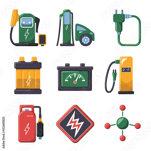 vector icons to vehicle fueling and charging a gasoline pump, an electric vehicle plug hydrogen mole