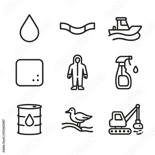 Oil Spill Icon Set. Outline icon set of oil spill response: oil droplet, boom barrier, skimmer boat, absorbent pad, protective