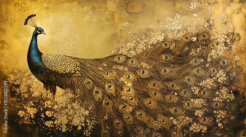 Elegant peacock painting golden background beautiful bird art print home decor wall art canvas artwork design