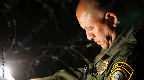 Stern uniformed border patrol officer inspecting documents at night checkpoint, security and immigration control concept for law enforcement and customs authority.