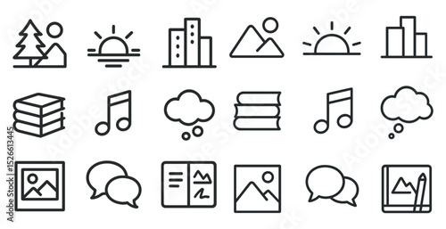 Minimalist icon set featuring nature, music, and communication themes