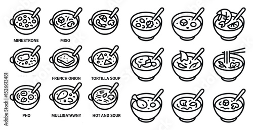 Assortment of iconic global soups with ingredients and utensils illustrated