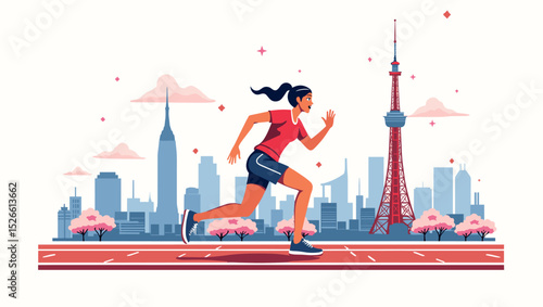 Vector illustration of a female runner in front of Tokyo skyline with cherry blossoms and red tower. Modern and urban fitness scene