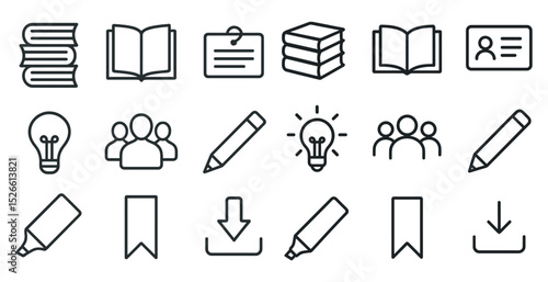 Educational icons set: books, people, and creative tools for diverse design projects