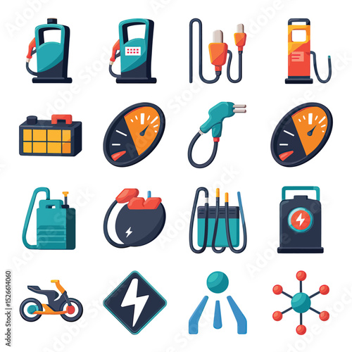 vector icons to vehicle fueling and charging a gasoline pump, an electric vehicle plug hydrogen mole
