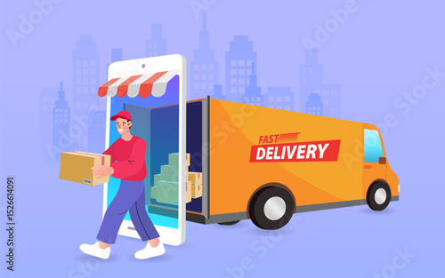 A delivery man with a package walks out of a smartphone online store. A truck illustrates a fast and free express delivery service for e-commerce orders, shipping, and logistics. 