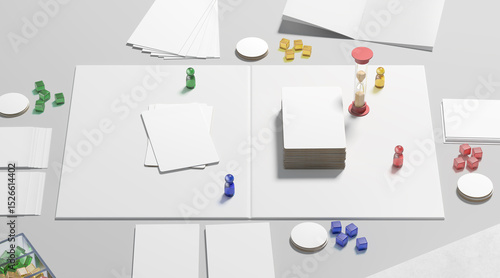 White board game field with chips, dice and cards mockup