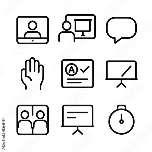 Online Education Icons. Outline icon set of online educator platform: webcam feed, lecture slide, chat bubble, raise-hand icon,