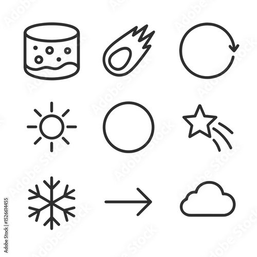 Oort Cloud Icons. Outline icon set of Oort cloud: Oort reservoir, icy comet, gravitational boundary, Sun at center, sphere outline
