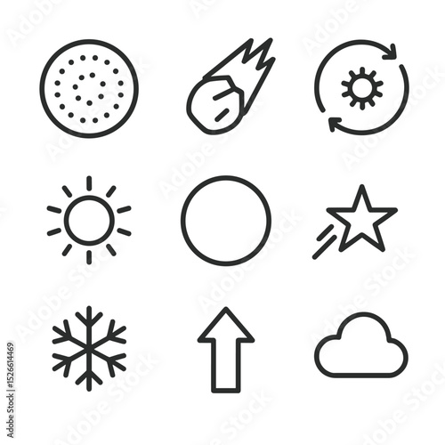 Oort Cloud Icons. Outline icon set of Oort cloud: Oort reservoir, icy comet, gravitational boundary, Sun at center, sphere outline