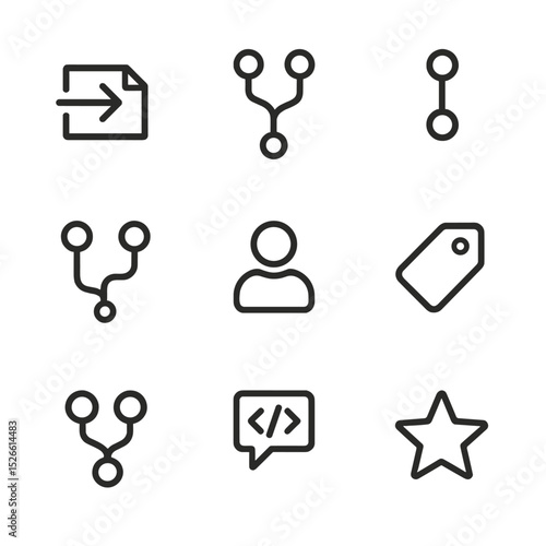 Open Source Icons. Outline icon set of open-source collaboration: pull request, fork icon, commit history, branch diagram,