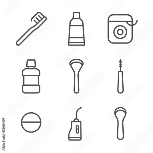 Oral Hygiene Icons. Outline icon set of oral hygiene: toothbrush, toothpaste tube, dental floss, mouthwash bottle, tongue scraper,
