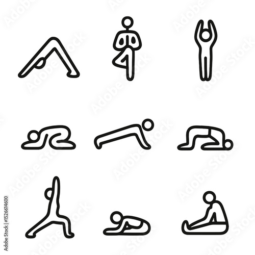 Outdoor Yoga Icon Set. Outline icon set of outdoor yoga poses: downward dog, tree pose, sun salutations, warrior pose, child's