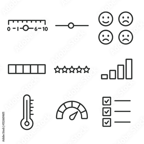 Pain Scale Icon Set. Outline icon set of pain severity scales: numeric scale bar, VAS slider, smiling-to-crying faces, color