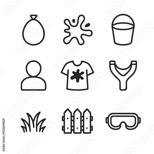 Paint Balloon Icons. Outline icon set of paint balloon fight: water balloon, paint splash, bucket, participant silhouette,