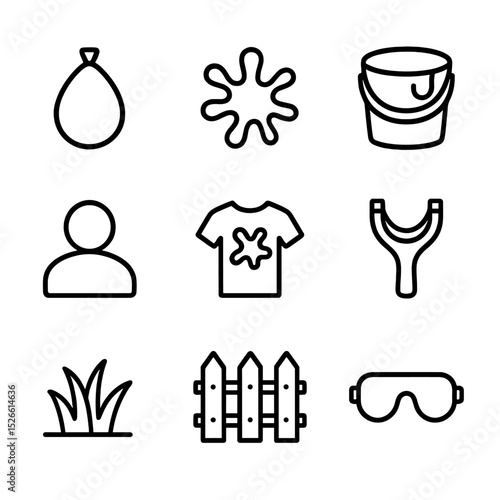 Paint Balloon Icons. Outline icon set of paint balloon fight: water balloon, paint splash, bucket, participant silhouette,