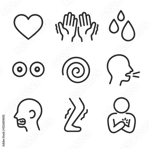 Panic Attack Icons. Outline icon set of panic attack indicators: pounding heart, trembling hands, sweat droplets, rapid breathing,