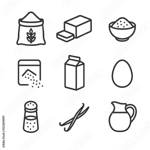 Pastry Ingredients Icons. Outline icon set of pastry ingredients: all-purpose flour, unsalted butter, granulated sugar, active dry