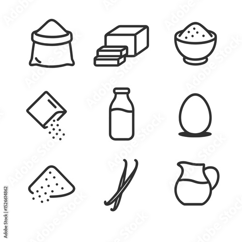 Pastry Ingredients Icons. Outline icon set of pastry ingredients: all-purpose flour, unsalted butter, granulated sugar, active dry