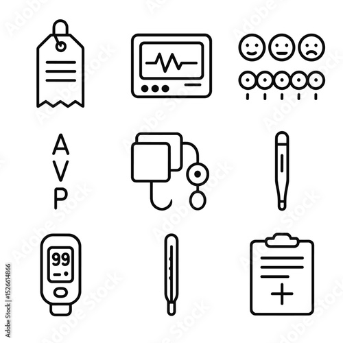 Patient Assessment Icons. Outline icon set of patient assessment and triage: triage tag, vital signs monitor, Glasgow Coma Scale