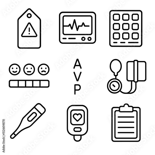 Patient Assessment Icons. Outline icon set of patient assessment and triage: triage tag, vital signs monitor, Glasgow Coma Scale
