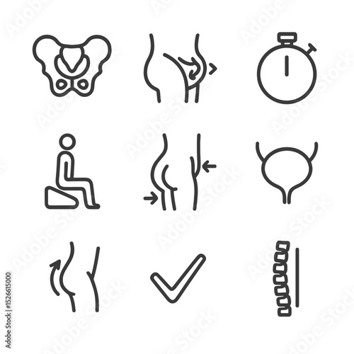 Pelvic Exercise Icons. Outline icon set of pelvic floor strengthening exercises: pelvic bone, Kegel squeeze icon, timer, cushion