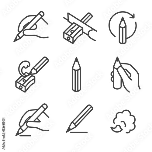 Pencil Sharpening Steps. Outline icon set of sharpening technique steps: hold pencil, align blade, rotate pencil, shave wood,