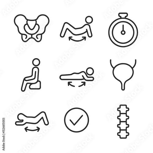 Pelvic Exercise Icons. Outline icon set of pelvic floor strengthening exercises: pelvic bone, Kegel squeeze icon, timer, cushion