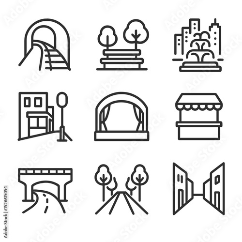 Performance Spots Icons. Outline icon set of performance spots: subway platform, park bench, city plaza, street corner, open-air