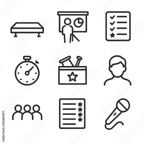 Performance Icons Set. Outline icon set of performance-based assessment tasks: stage platform, presentation screen, performance
