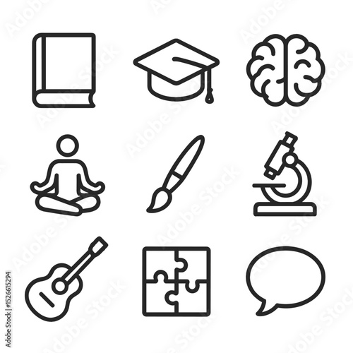 Personal Growth Icons. Outline icon set of personal development on sabbatical: book, graduation cap, brain, yoga pose, paintbrush,