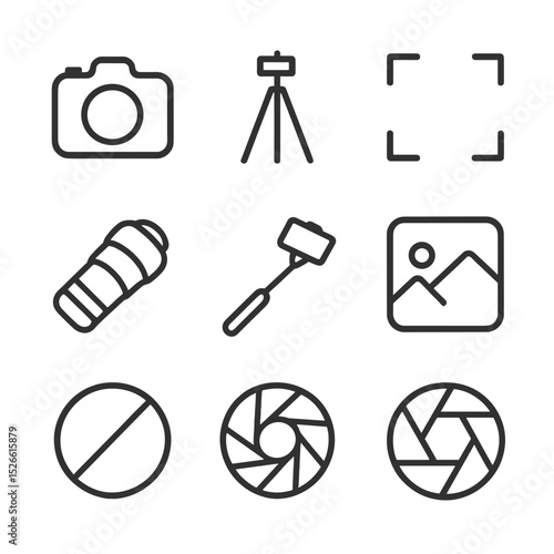 Photography Icons Collection. Outline icon set of photo hotspots tour: camera, tripod, viewfinder, zoom lens, selfie stick, scenic