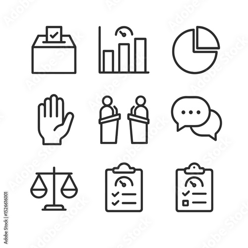 Political Icons Grid. Outline icon set of Political sentiment gauges: ballot box, opinion poll chart, bar graph, pie chart, voting