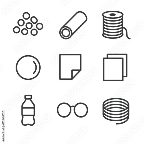 Polymer Icons Grid. Outline icon set of polymers: polyethylene pellet, PVC pipe, nylon fiber, polystyrene bead, polypropylene film