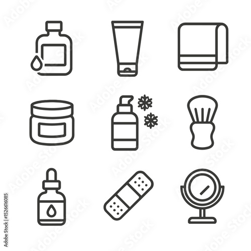 Post-Shave Care Icons. Outline icon set of post-shave care: aftershave splash, moisturizer tube, towel, soothing balm, cooling gel