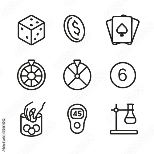 Probability Experiment Icons. Outline icon set of probability experiments: dice roll, coin flip, deck of cards, roulette wheel,