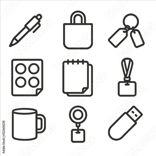 Promotional Giveaway Icons. Outline icon set of promotional giveaways: branded pen, tote bag, keychain, sticker sheet, notepad,