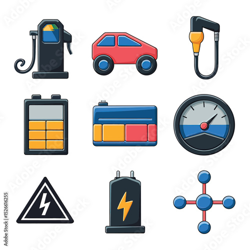 vector icons to vehicle fueling and charging a gasoline pump, an electric vehicle plug hydrogen mole