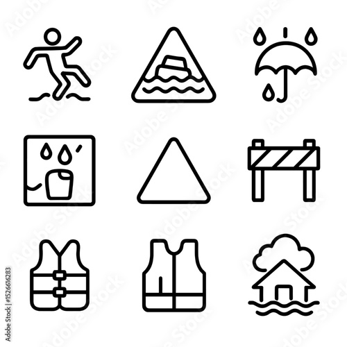 Rain Safety Icons. Outline icon set of rain safety signs: slippery floor, flash flood warning, umbrella zone, waterproof gear icon