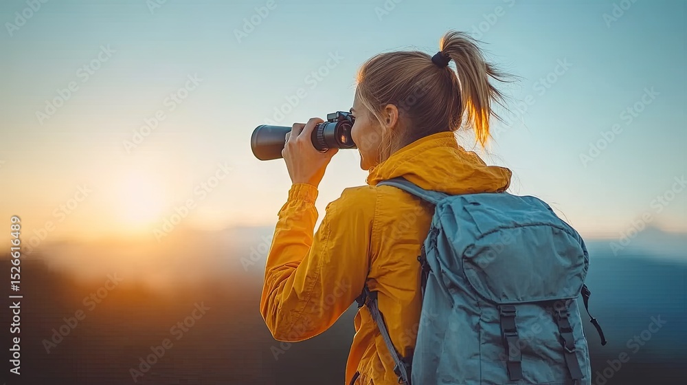 Obraz premium Woman photographs sunset with mountains.